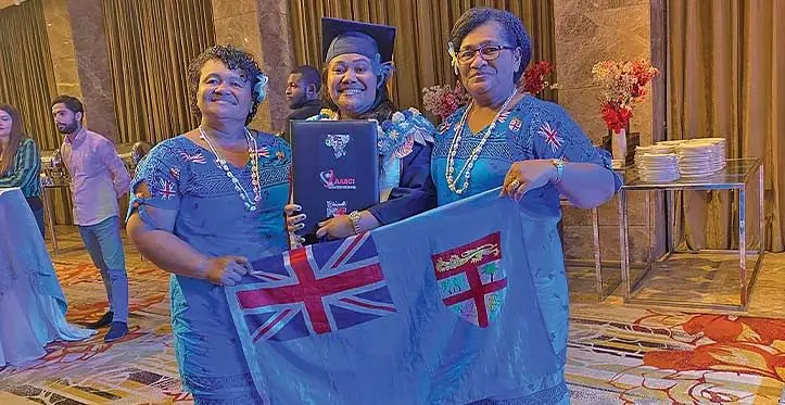 Graduate, Adi Taufa Lalabalavu with her mum, Letila Dimisi (left) and mum’s sister Merelesita Nabose after the graduation in New Delhi on Saturday, June 8, 2023.