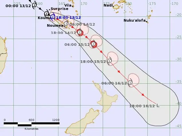 Figure 1: Tropical Cyclone Forecast Track Map for Tropical Cyclone Ruby (Category 2) issued by the Regional Specialised Meteorological Centre- Nadi Tropical Cyclone Warning Centre at 7.50am today.