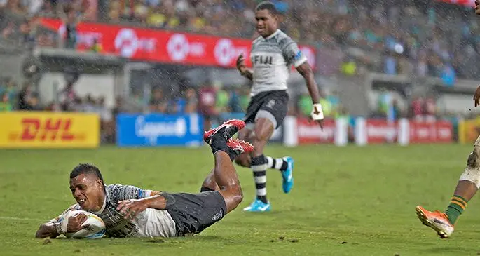 BOLACA DELIVERS... Fiji Airways Fijian 7s playmaker Napolioni Ratu Bolaca dives over to score his second try in the Cup final of the Sydney Sevens at the Bankwest Stadium in Parramatta, Australia on February 2, 2020 . Photo: Bruce Southwick/ZoomFiji