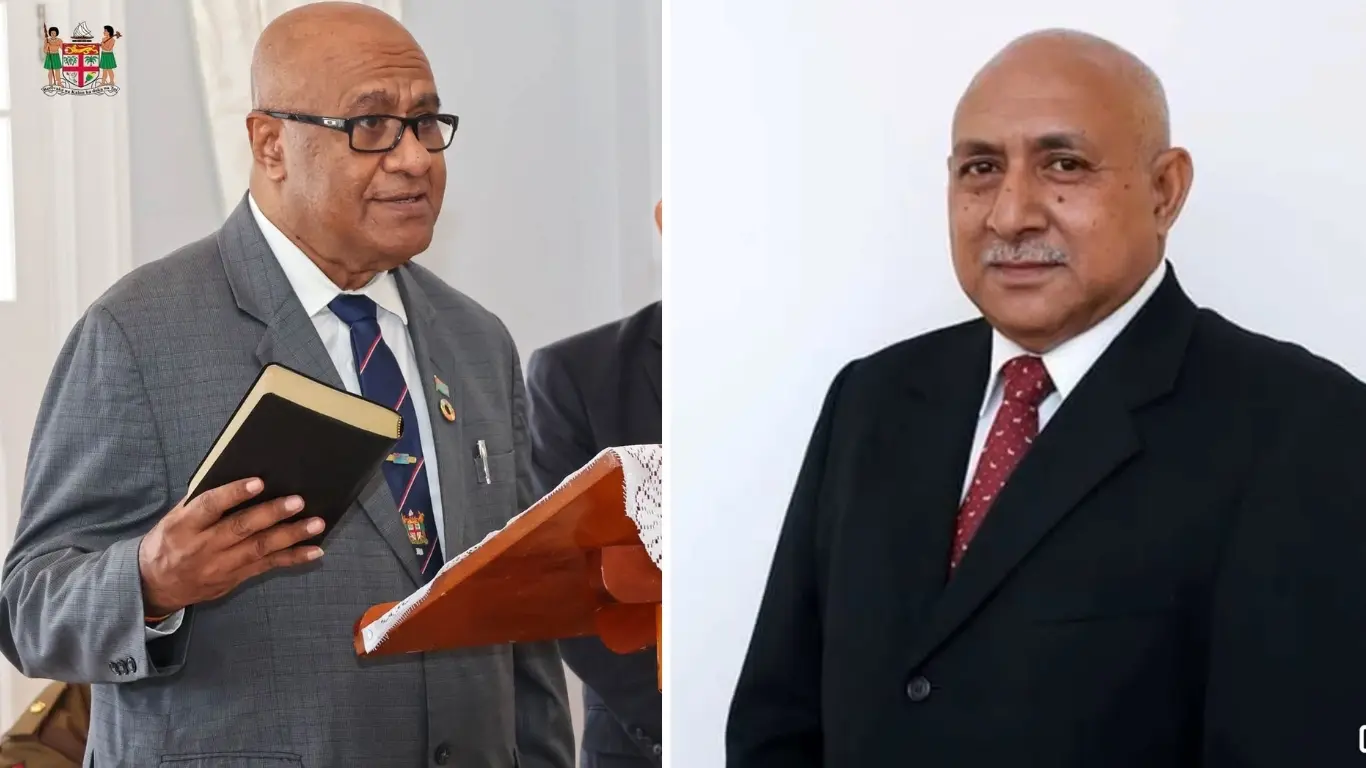 Deputy Prime Minister and Minister for Industries, Commerce, Business Development and Public Enterprises Manoa Kamikamica (left) and People's Alliance party general secretary Sila Balawa.
