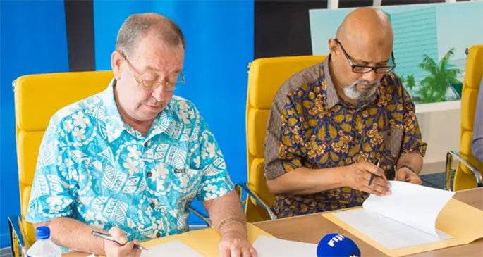 From left: Fiji National Sports Commission executive chairman Peter Mazey and ANZ Fiji chief executive officer Saud Minam in Suva on March 6, 2020.Photo: Sereana Salalo
