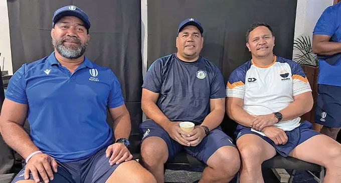 From left: Manuma Samoa head coach Ofa Hanipale, Oceania Rugby International partnership officer Koli Sewabu and Kevin Senio at the Pacific Theological College on September 7, 2022. Photo: Koli Sewabu
