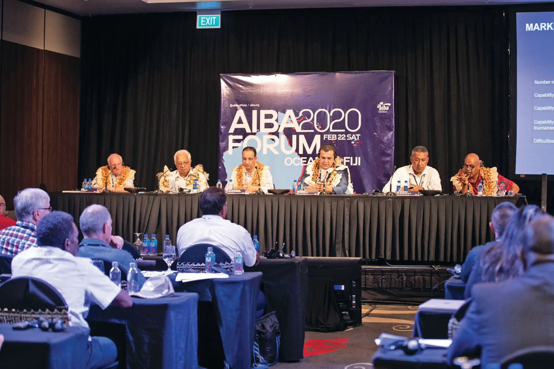 International Boxing Association (AIBA) president, Umar Kremlev, (second from right) and Fiji Amateur Boxing Association president, Manasa Baravilala,(right) during the AIBA/Oceania Forum at the InterContinental Golf Resort and Spa ,on February 2020. Photo: AIBA