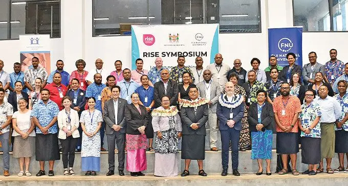 Fiji National University Pro Vice Chancellor Professor Jimaima Lako, Minister for Housing and Local Government Maciu Nalumisa and RISE co-director Diego Ramirez-Lovering (Front row, with garland) with the RISE Symposium participants at the Fiji National University Nasinu campus on October 23, 2024. Photo: Ronald Kumar