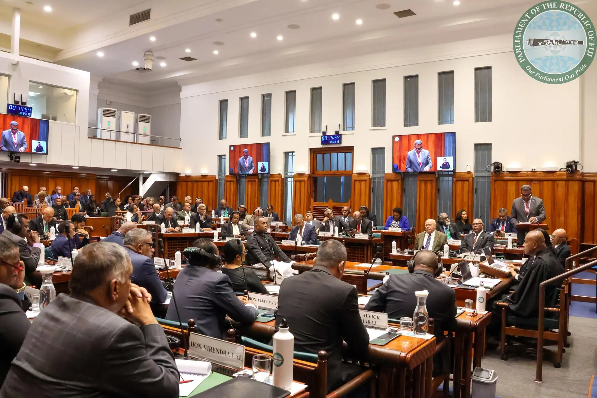 Minister for Finance, Commerce and Business Development Esrom Immanuel delivering his Budget address in Parliament on June 28, 2026.