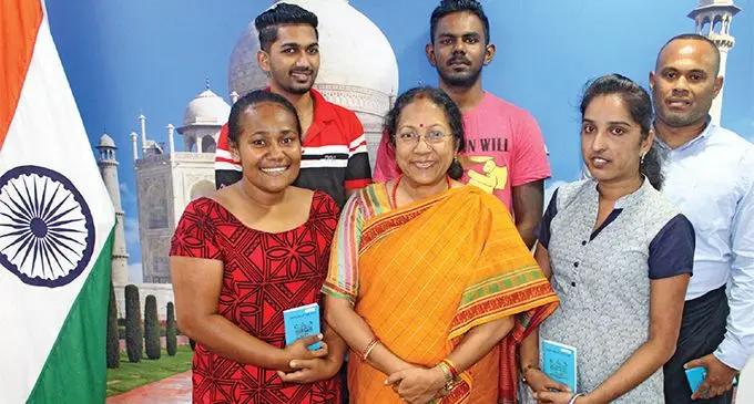 Indian Council for Cultural Relations (ICCR) scholarship recipients with the Indian High Commissioner to Fiji. (Front from left) Adi Taufa Lalabalavu, Indian High Commissioner to Fiji Padmaja, Premika Lata, ( Back from left) Jashneet Kumar, Shamal Kumar and Poate Kaunisela. Photo: Simione Haravanua