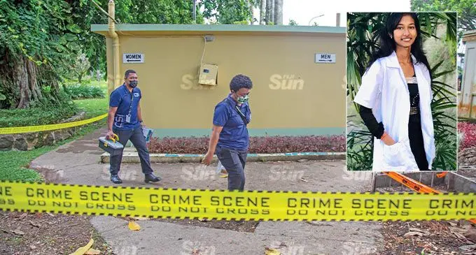 Police forensics personnel at Thurston Garden in Suva where the body of Zalika Nisha was found in the public convenience. Photo: Leon Lord. INSERT: Deceased, Zalika Nisha.