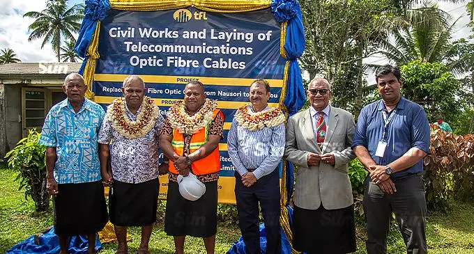 From left: Matanivanua nei Ko Mai Nausori Kameli Tilalati, Komai Nausori Ratu Lepani Tagicakibau, Acting Prime Minister, Minister for Rural, Maritime Development, Disaster Management and Minister for Defense, National Security and Policing Inia Seruiratu, Telecom Fiji Chairman Umarji Musa, Reverend Joseva Katonibau and TFL chief executive officer Charles Goundar during the TFL Nausori-Korovou Fibre Project Groundbreaking ceremony on November 15, 2021. Photo: Leon Lord