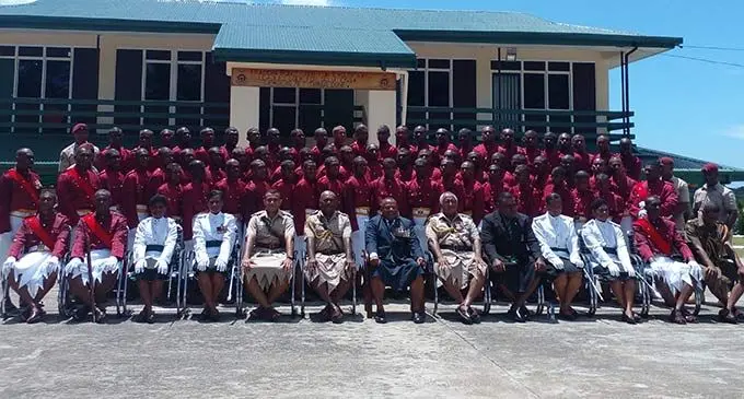 Minister for Defence, National Security and Policing, Inia Seruiratu (centre), Commissioner Fiji Corrections Service, Commander Francis Kean (front row- sixth from right) with the 62 new Corrections officers at the Naboro Training Academy on November 25,2022. Photo: Jone Salusalu