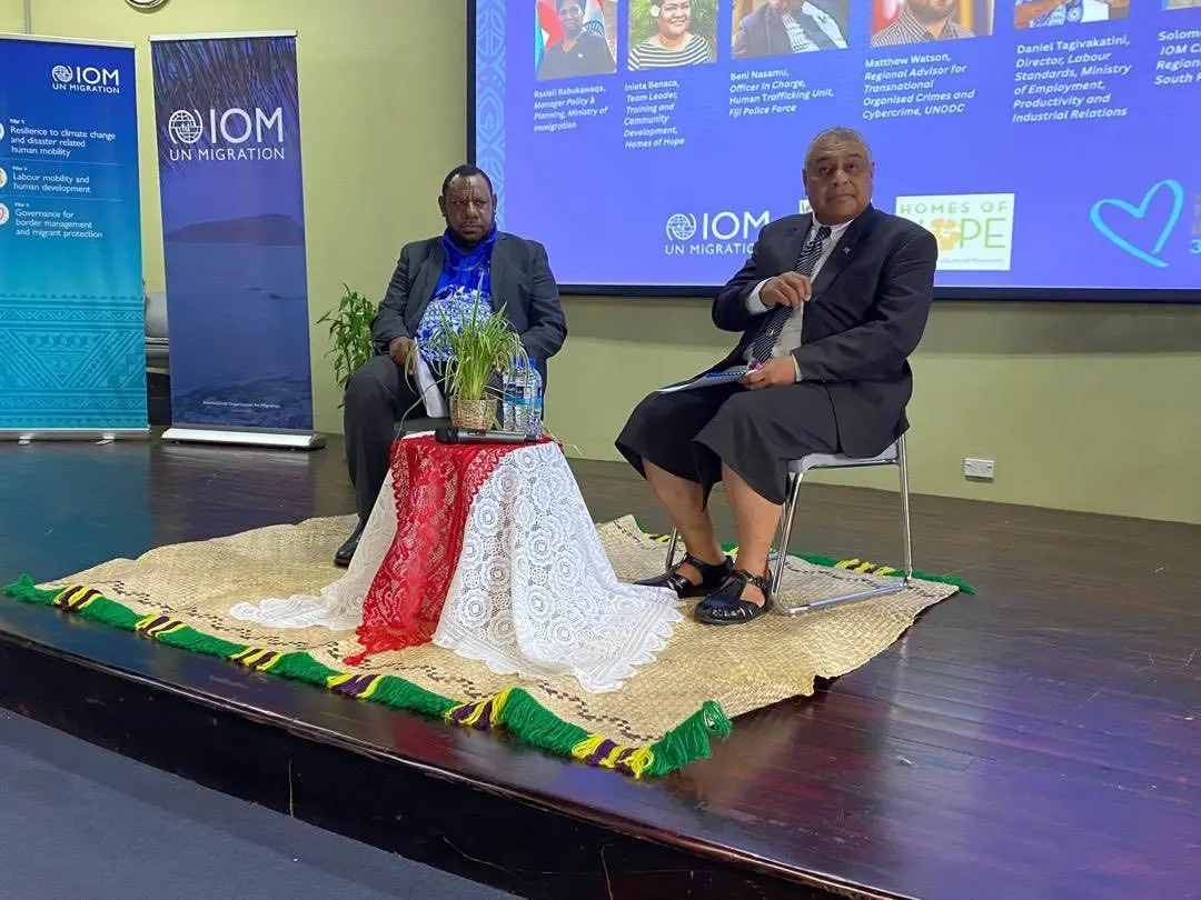 International Organisation for Migration (IOM) chief of mission and Pacific sub-regional coordinator, Solomon Kantha (left) and Permanent Secretary for Immigration, Aliki Salusalu at the World Day Against Trafficking in Persons event hosted by IOM on July 30, 2025. 