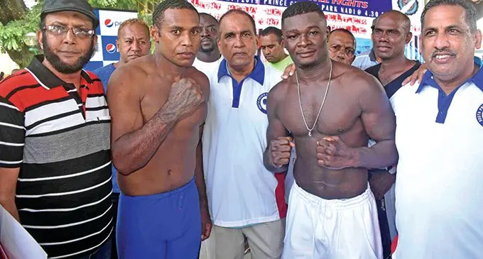 Savenaca Naliva and Joseph Kwadjo during the weigh-in at the Nair Dais in Nadi on February 8, 2019. Photo: Waisea Nasokia