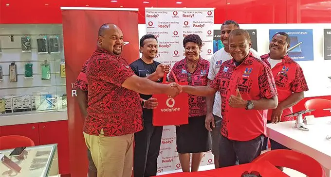 From left: Vodafone Fiji sponsorship manager Adriu Vakarau, Vodafone Fiji manager digital business Rizvi Amith, Fiji Bitter Marist 7s officials Miri Naqoli, Koli Korovulavula, Marist Rugby Club president Lawrence Tikaram, Tomasi Fesau at Damodar City, Suva on March 20, 2019. Photo: Leone Cabenatabua