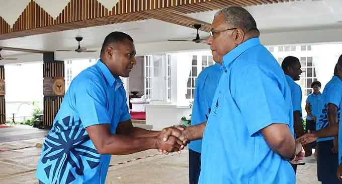 Former Fijian sevens’s captain Paula Dranisinukula greets the President Ratu Wiliame Katonivere during the presentation of Team Fiji’s i-tatau at the State House on July 7, 2022. Photo: Fijian Government.