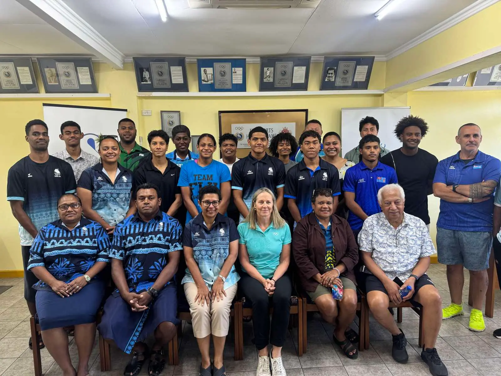 From left: FASANOC vice-presidents Della Shaw- Elder, Inoke Niubalavu, Cathy Wong, Stephens Desbans, ONOC president Baklai Tenengil and FASANOC committee Dr Robbin Mitchell with athletes at Olympic House, Suva, on October 21, 2026. 