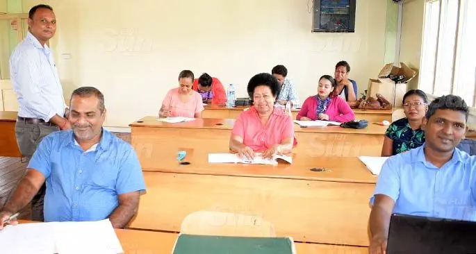 Suva Primary School Head Teacher, Brij Singh (left) with  teachers as they prepare for school opening next week on June 29, 2020. Photo: Ronald Kumar.