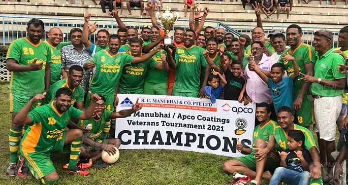 JK Nadi Veterans players, officials and supporters are winning the RC Manubhai/Apco Coatings Veterans 2020 tournament at Lawaqa Park, Sigatoka, on March 14, 2021. Photo: Waisea Nasokia