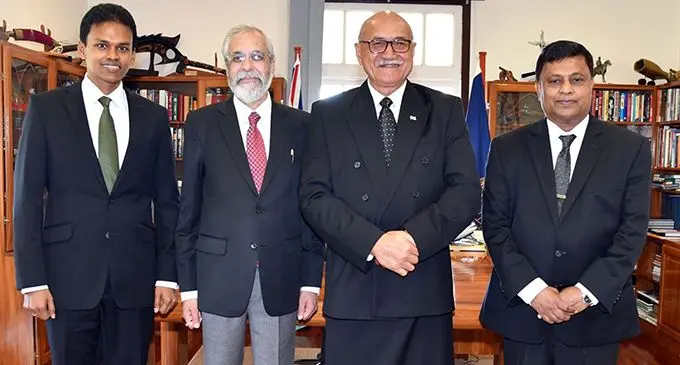 From left: Chief Registrar Justice Yohan Liyanage, Judge of the Supreme Court of Fiji Justice Madar Lokur, President Jioji Konrote and Acting Chief Justice Kamal Kumar after the swearing in ceremony at the State House on August 12, 2019.  Photo: DEPTFO News