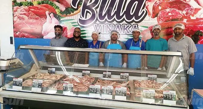 Abbus Quality Halal Meats Pte Ltd owner Asad Ali (second from left), with his employees at the newly-opened butcher in Nakasi on January 8, 2021. Photo: Lusiana Tuimaisala