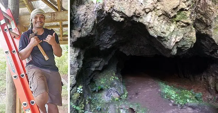 Ledua Vakayatu and the entrance of the Snake God Cave in Wailotua Village.