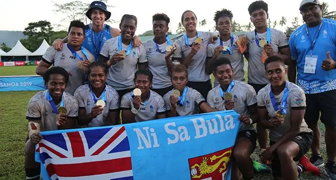 Team Fiji women’s rugby 7s team after winning the gold medal at the Pacific Games in Apia, Samoa on July 13, 2019. Photo: Anasilini Natoga