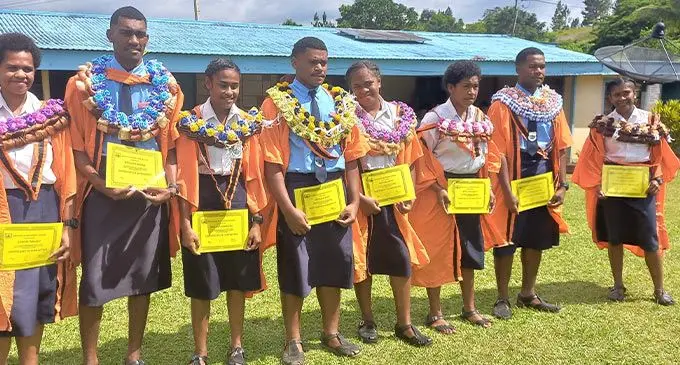 Nasesevia Secondary School Year 13 students including dux Waisake Naicola (second from right).