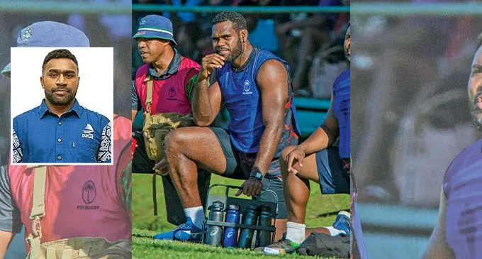Fijian Drua lock Chris Minimbi on the sideline at Ratu Cakobau Park, Nausori on June 4, 2022. Photo: Leon Lord Insert: Onisi Ratave