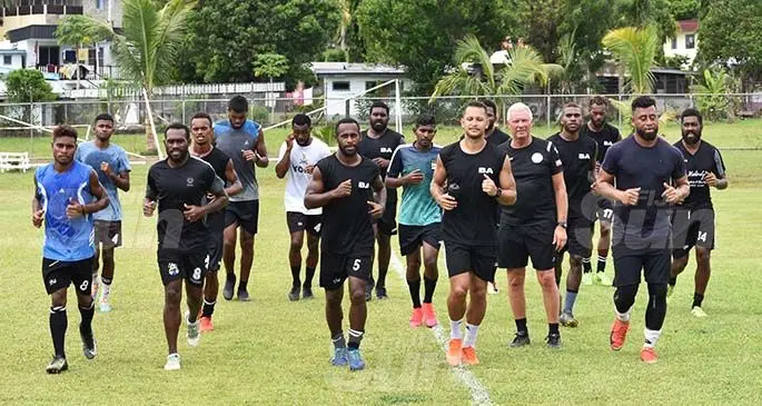 Ba football team (front from left): Darold Kakasi, Benjamin Totori, Savenaca Nakalevu, new signing Alwin Komolong and Beniamino Mateinaqara with head coach Ricki Herbert (second from right) looking on at the Sahu Khan Academy, Ba on February 24, 2020. Photo: Waisea Nasokia