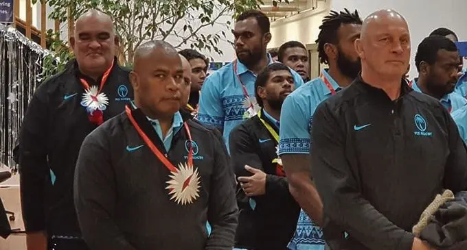 Flying Fijians (from left) High Performance general manager Simon Raiwalui, TV analyst, Josua Vuto, Leone Nakarawa, Simione Kuruvoli, Waisea Nayacalevu, Vern Cotter (head coach), Kini Murimurivalu during the welcoming ceremony in Christchurch by the Fijian community on July 3, 2021.  