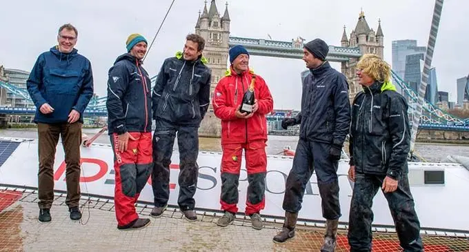 French legendary sailor Francis Joyon celebrated with crew members after sailing to London from Hong Kong, China on the IDEC SPORT maxi trimaran, setting a new world record time of 31 days, 23 hours, 36 minutes and 46 seconds over this route on Feb. 19, 2020.