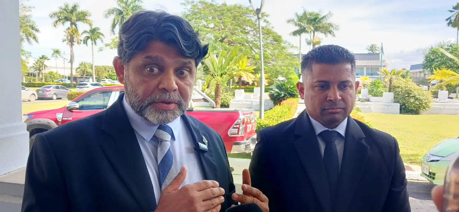 Former Attorney General Aiyaz Sayed-Khaiyum and former Supervisor of Elections outside the Suva Courthouse on June 27, 2026 