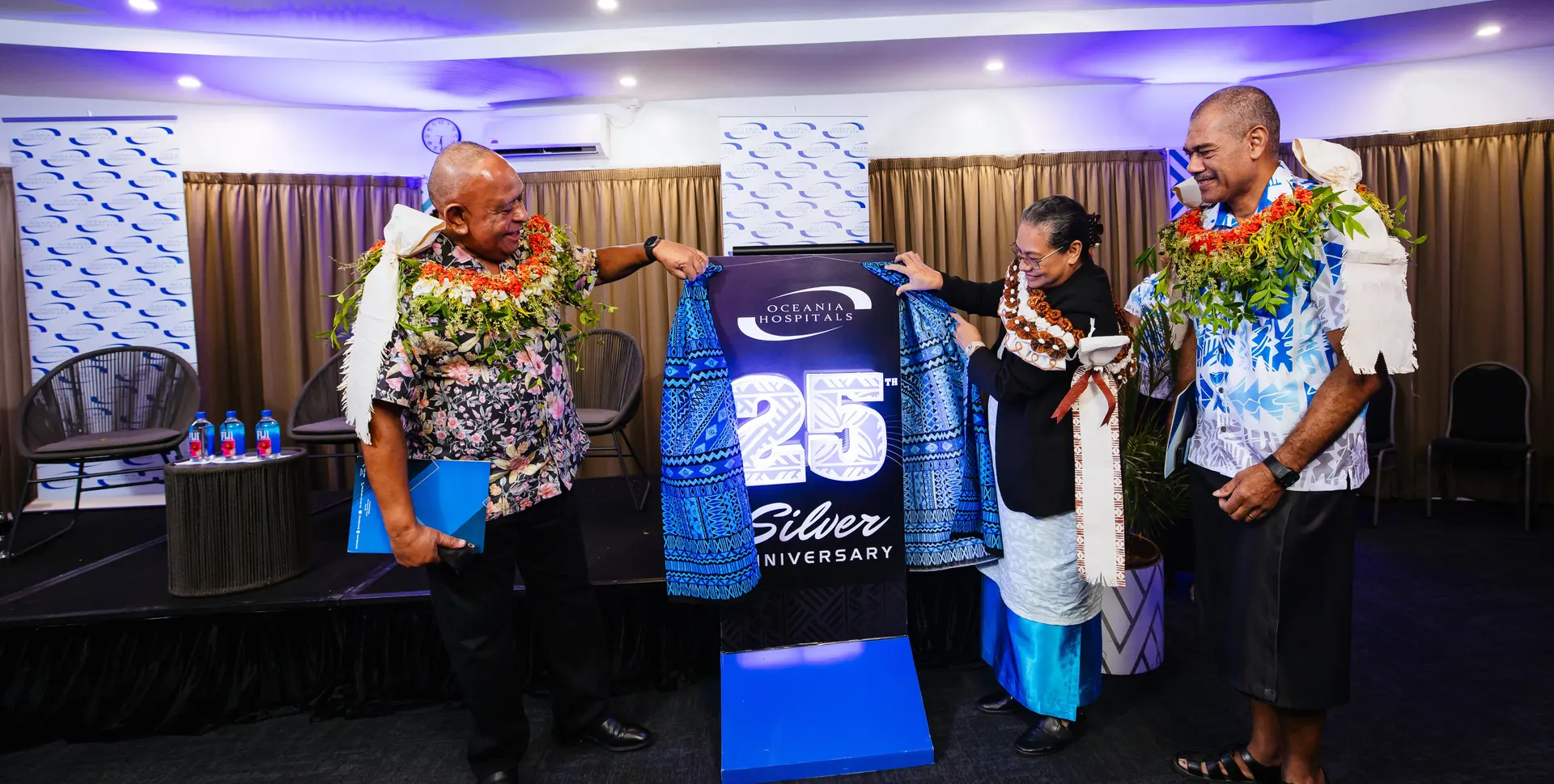 From left:  Oceania Hospitals board chair Dr Wame Baravilala, Ministry of Health acting Permanent Secretary  Dr Luisa Cikamatana and Oceania Hospitals chief executive officer David Qumivutia,  during Oceania’s Hospitals 25th anniversary at the Tanoa Plaza Hotel on March 27, 2026. 