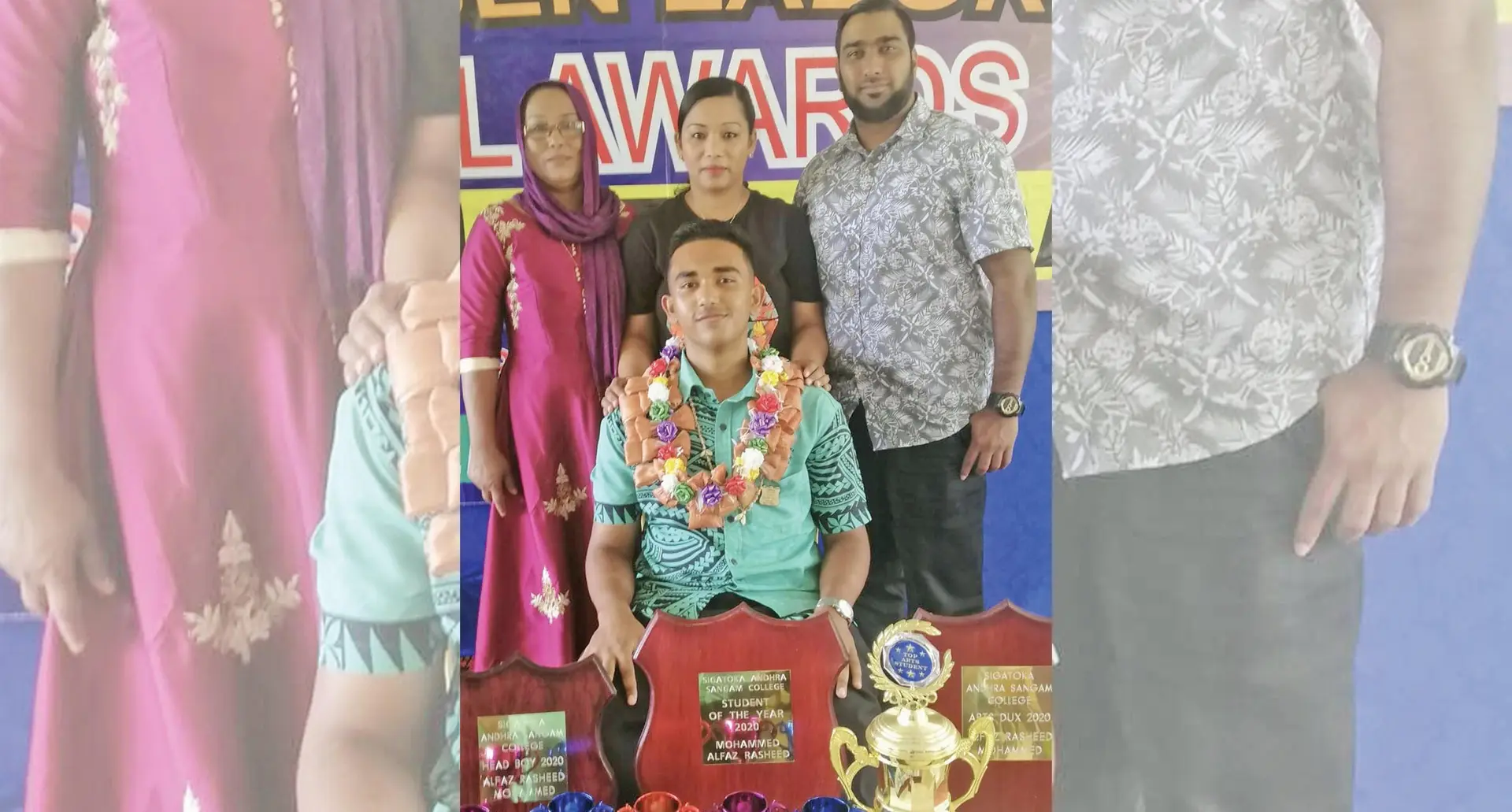 From Left: Mom Shahidan Nisha, sister Aneeza Khan and brother-in-law Mofeez Khan. Alfaz Rasheed Mohammed(Seated). 