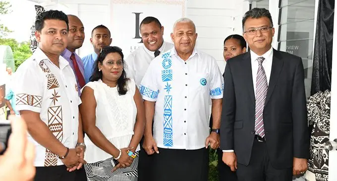 Legal Aid Commission Acting Director, Shahin Ali (front left), Prime Minister Voreqe Bainimarama (front, third from left), chairperson of the Legal Aid Commission  Sharvada Sharma (front right) during the opening of the Legal Aid office in Keiyasi, Navosa, on March 12, 2019. Photo: DEPTFO News