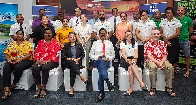 Participants and guests during the Fiji Blue Carbon Project workshop at Tanoa Plaza, Suva, on November 22, 2021. (Top Left) Apisai Rinamalo, Nemani Vuniwaqa, Mosese Nakoroi, Moapa Lotawa, Waisake Manako, Semisi Meo, Tomasi Delana, Kristian Miles. (Middle) Rusiate Masikivosa, Senilolia Tuiwawa, Maria Elder, Vennesa Dirking, Isac Rounds, Elizabeth Rakai, Mere Lakeba, Laisani Kuruduadua, (Sitting) Chinnamma Reddy, Nanise Tuqiri,  Director Environment Sandeep Singh, permanent secretary for Environment Joshua Wycliffe, Pacific Ocean and Islands Programme deputy director Bridget Kennedy, and Richard Fitzmaurice. Photo: Leon Lord.