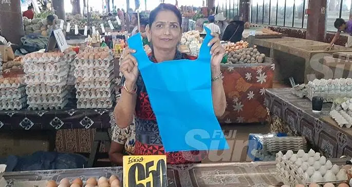 Meena Shankar holds up the reusable bags she sells at her stall at the Lautoka Market on January 2, 2020.Photo: Salote Qalubau