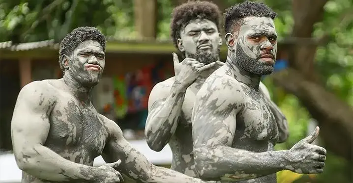 Swire Shipping Fijian Drua reps (left-right) Zuriel Togiatama, Isoa Nasilasila and Chris Minimbi having a mud bath at Sabeto, Nadi, on February 11, 2023 . Photo: Fijian Drua
