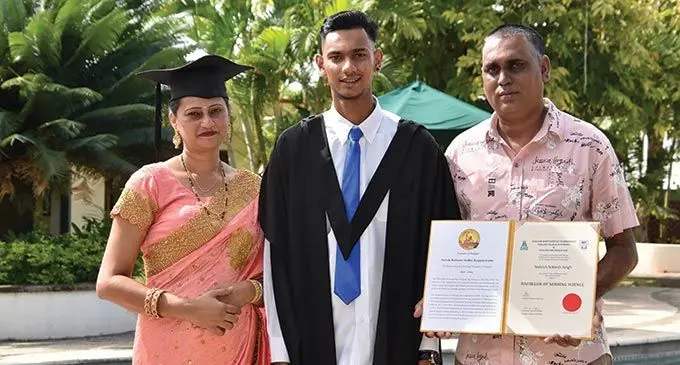 Nelvish Singh with his parents Nilend Singh and Devina Singh at Grand Eastern Hotel in Labasa on May 15, 2022. Photo: Royal Photography
