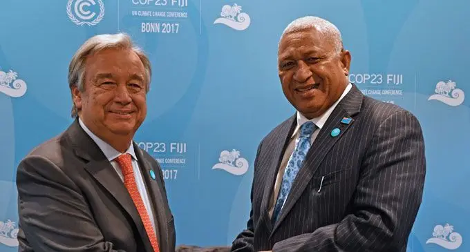  Prime Minister and COP23 president Voreqe Bainimarama with United Nations Secretary General António Guterres in Bonn, Germany, 2017. Photo: DEPTFO News 