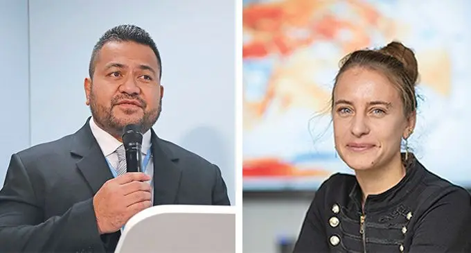 Fiji Meteorological Service Acting Director, Terry Atalifo (left)  with IPCC Lead authors Dr Friederike Otto.