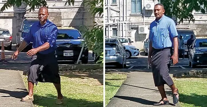 Vaviano Mataka(left), and Alivereti Natobe outside the Magistrates Court in Suva on April 11, 2023. Photos: Ashna Kumar