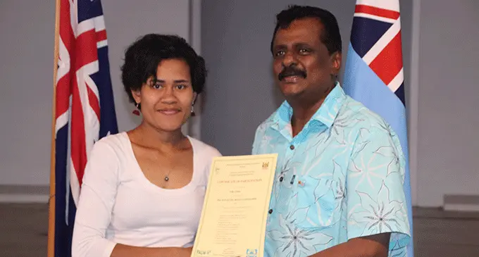 Vilisi Tabua and Minister for Employment, Productivity and Industrial Relations, Parveen Bala during the pre-departure ceremony in Suva on November 9, 2022. Photo: Jone Salusalu