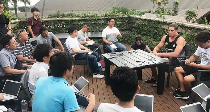 Japan lock forward James Moore(in black vest) being interviewed by the Japanese media at Novotel Hotel, Nadi on August 7,2019.   Photo: Waisea Nasokia