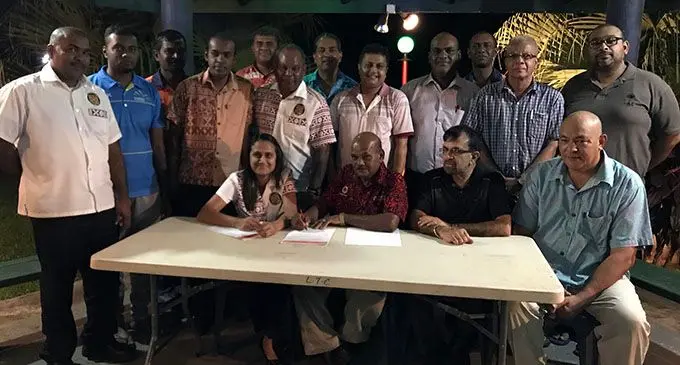 Seated second from left, Vodafone Festival of the Friendly North president Ram Lingam with the committee members’ as they handover the Adi Laisa Children’s Park and the Northern Fitness Centre to the Labasa Town Council  on May 6, 2019.  Photo: Shratika Naidu