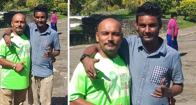 Mental health day celebration co- ordinator Abinesh Prasad (left) with Nimish Deo Singh at Labasa Hospital on October 14, 2022. Photo: Shratika Naidu