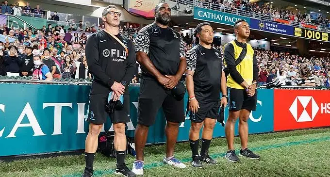 Fiji Airways Fijian men's rugby sevens officials (left-right): head coach Ben Gellings, assistant coach Viliame Satala, strength and conditioning coach Etu Tusitala, and physiotherapist Josua Mataitoda during last month's Hong Kong Sevens tournament. Photo: World Rugby 