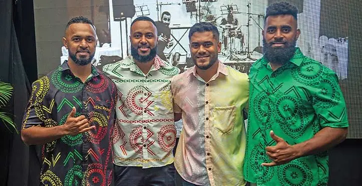 Member’s of the InsideOut band (from left), Timothy Solomon, Apakuki Nalawa, Ratu Viliame Dautei and Semesa Vilise during the launch of their album ‘IO’ at the Grand Pacific Hotel, Suva on August 10, 2023. Photo: Leon Lord