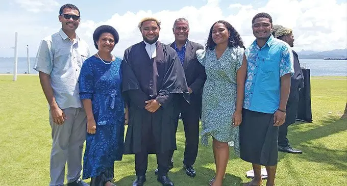 Newly admitted lawyer to the High Court of Fiji Bar Alifereti Takalaivuna (middle) with his family (from left) elder brother Josefa, mother Makareti Takalaivuna, father Alexander, sister Rachel and brother Alex Junior at the Grand Pacific Hotel in Suva on March 17, 2023. Photo: Ashna Kumar