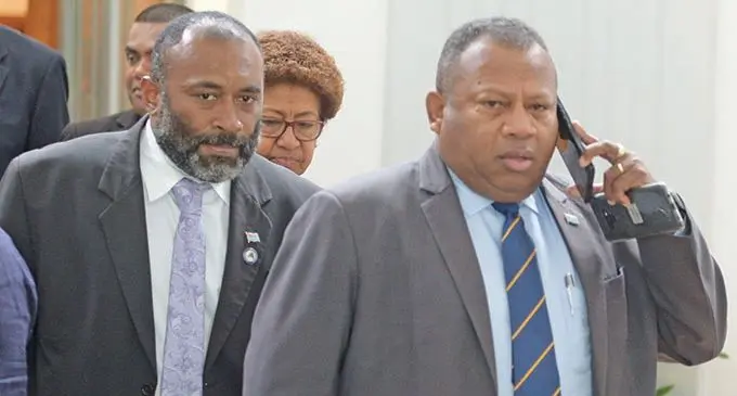 From Left: Minister for Health and Medical Services Dr Ifereimi Waqainabete and Minister for DisasterManagement Inia Seruiratu outside Parliament in Suva on February 12, 2021.  Photo: Ronald Kumar 