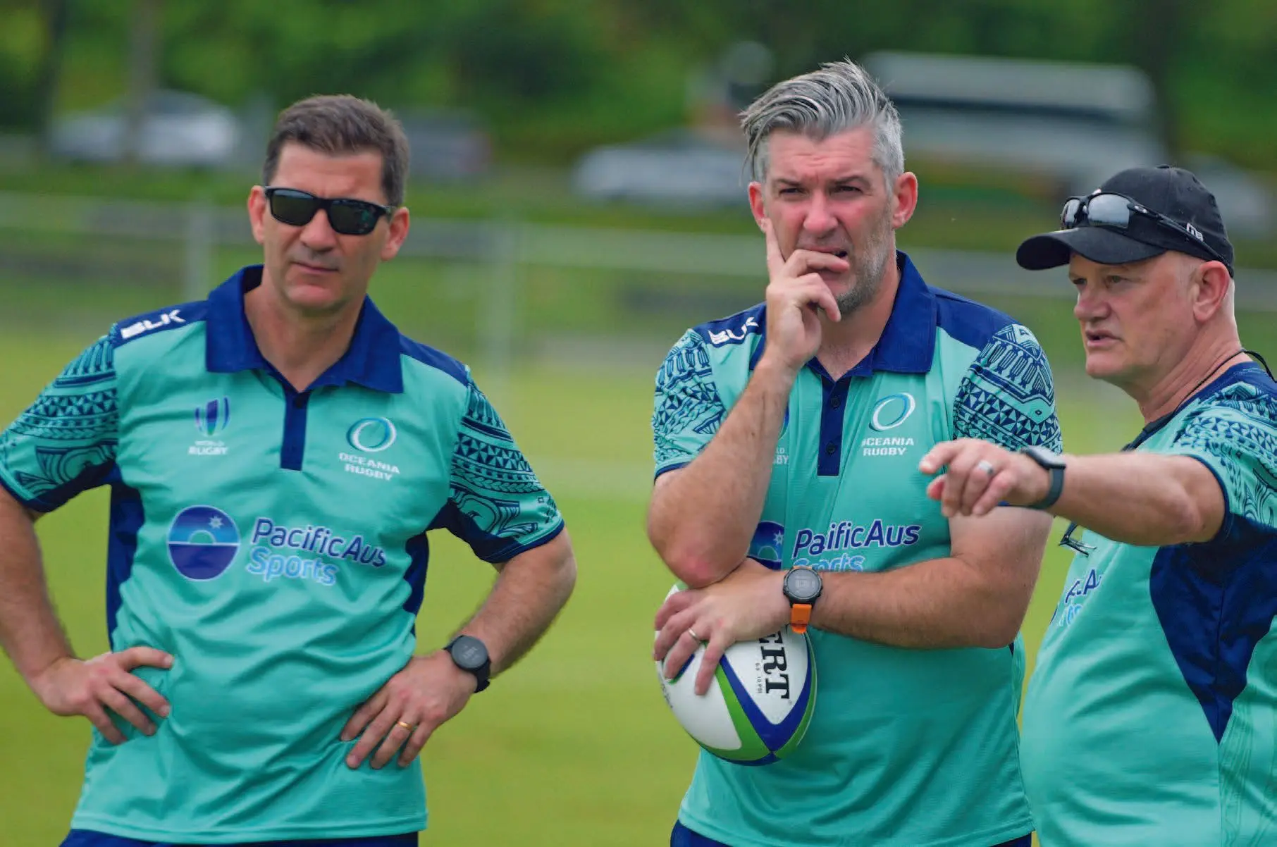 From left: Former national sevens men’s sevesn rugby head coach Gareth Baber, Oceania Rugby Women’s combine head coach Greg William and Maty Hulmes during training at Albert Park on August 22, 2023.. Photo: Ronald Kumar