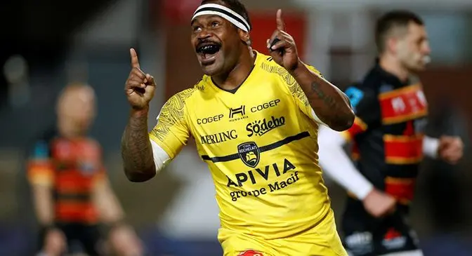 Levani Botia celebrates La Rochelle’s win at Kingsholm Stadium, London, on April 2, 2021. Photo: AP